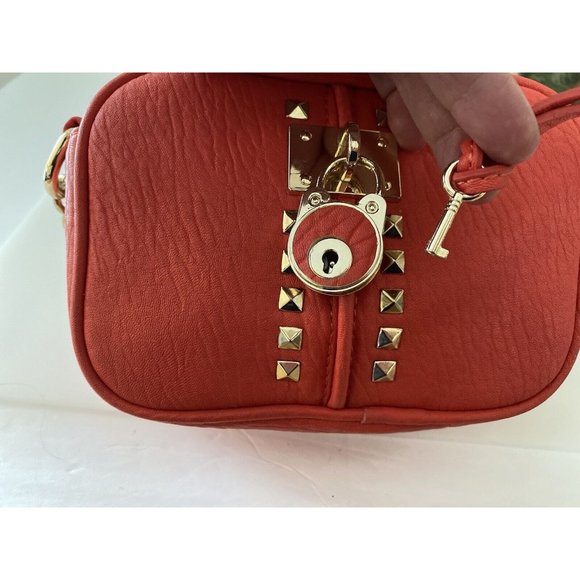 Vtg Crossbody Bag Orange Purse Partial Chain Strap Small Locket Studs Accents - Picture 5 of 16
